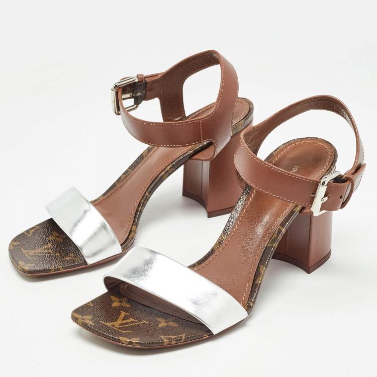Pre Owned Louis Vuitton Silver/Brown Leather Bloom Ankle Strap Sandals Size 38.5