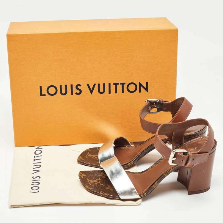 Pre Owned Louis Vuitton Silver/Brown Leather Bloom Ankle Strap Sandals Size 38.5