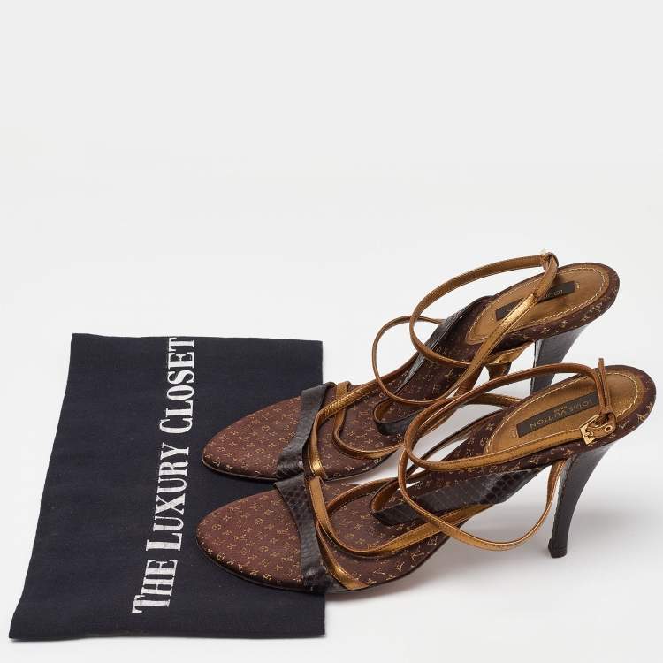 Pre Owned Louis Vuitton Brown/Gold Python Leather Strappy Sandals Size 39