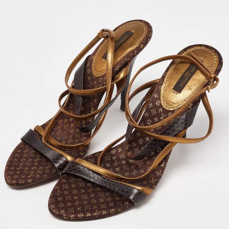 Pre Owned Louis Vuitton Brown/Gold Python Leather Strappy Sandals Size 39