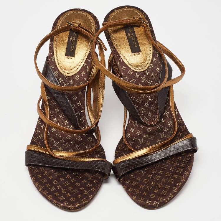 Pre Owned Louis Vuitton Brown/Gold Python Leather Strappy Sandals Size 39