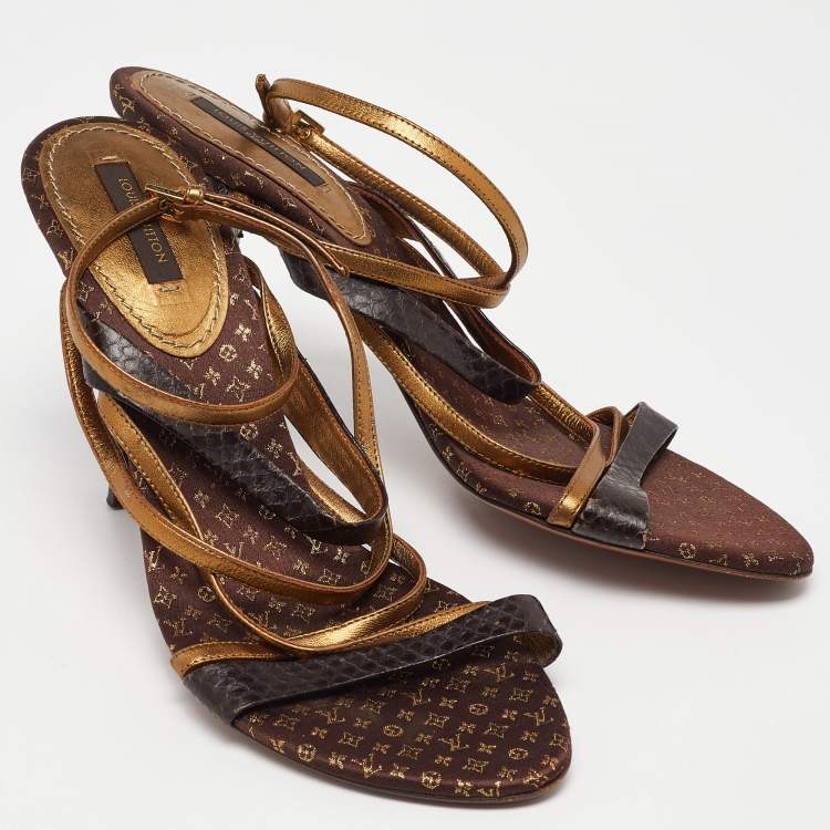 Pre Owned Louis Vuitton Brown/Gold Python Leather Strappy Sandals Size 39