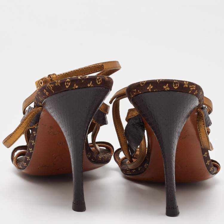 Pre Owned Louis Vuitton Brown/Gold Python Leather Strappy Sandals Size 39