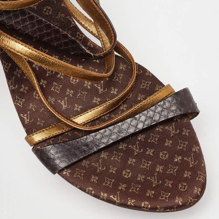 Pre Owned Louis Vuitton Brown/Gold Python Leather Strappy Sandals Size 39