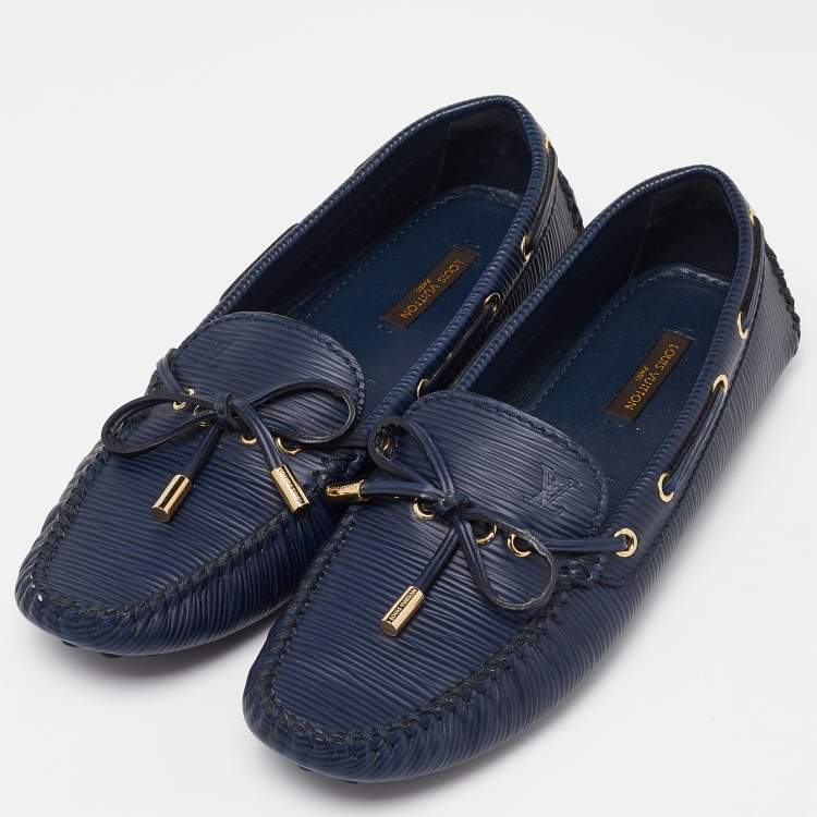 Pre Owned Louis Vuitton Blue Epi Leather Bow Gloria Slip On Loafers Size 38