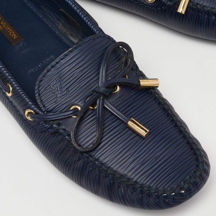 Pre Owned Louis Vuitton Blue Epi Leather Bow Gloria Slip On Loafers Size 38
