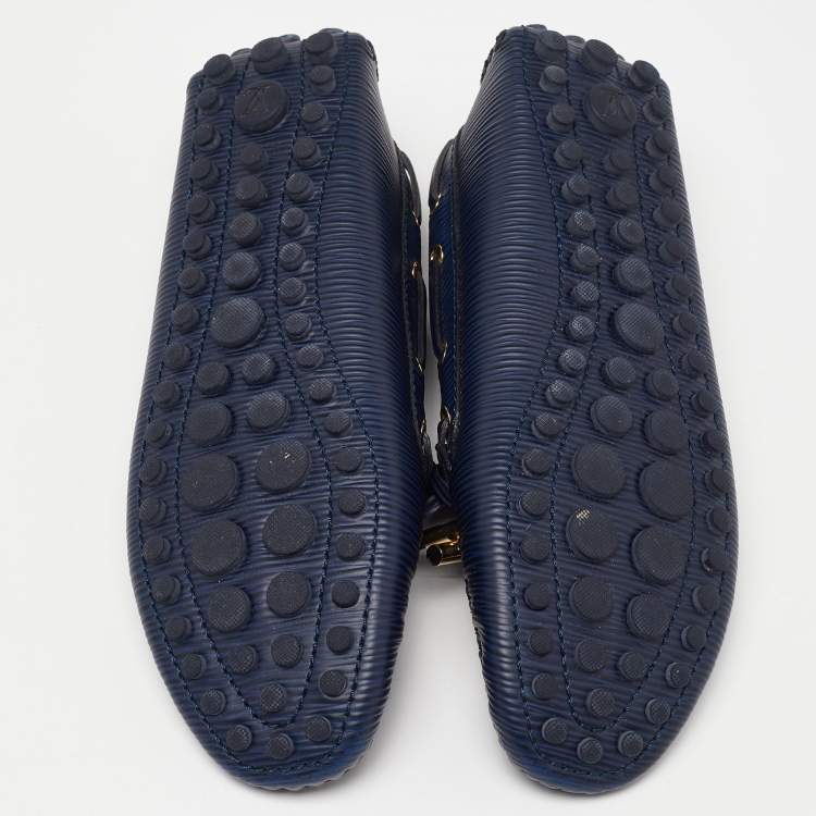 Pre Owned Louis Vuitton Blue Epi Leather Bow Gloria Slip On Loafers Size 38