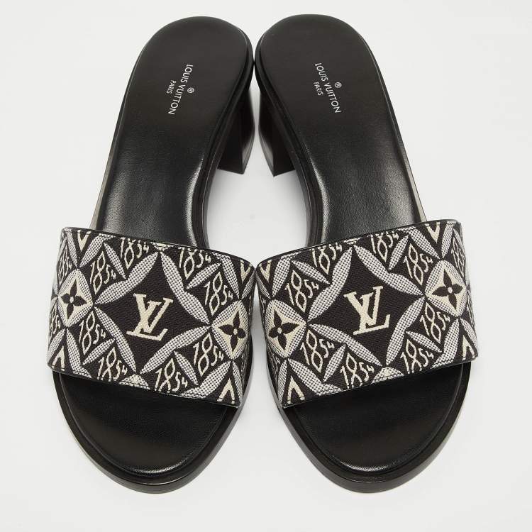 Pre Owned Louis Vuitton Black/White Denim Lock It Sandals Size 38.5