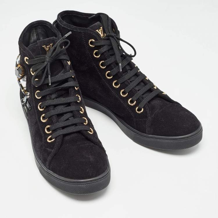 Pre Owned Louis Vuitton Black Suede Crystal Embellished High Top Sneakers Size 38