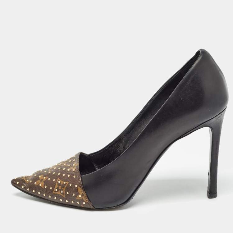Pre Owned Louis Vuitton Brown/Black Studded Monogram Canvas and Leather Pointed Toe Pumps Size 39