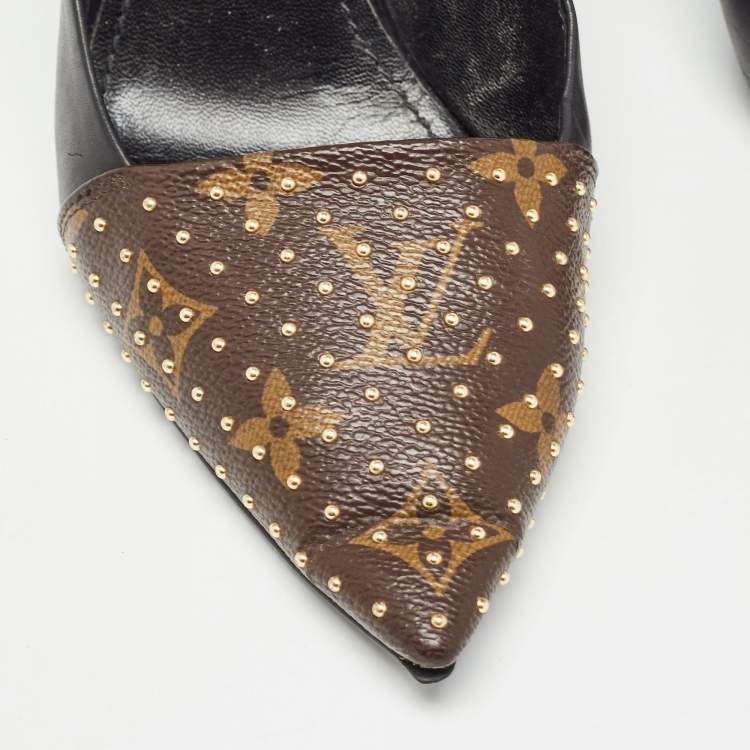 Pre Owned Louis Vuitton Brown/Black Studded Monogram Canvas and Leather Pointed Toe Pumps Size 39