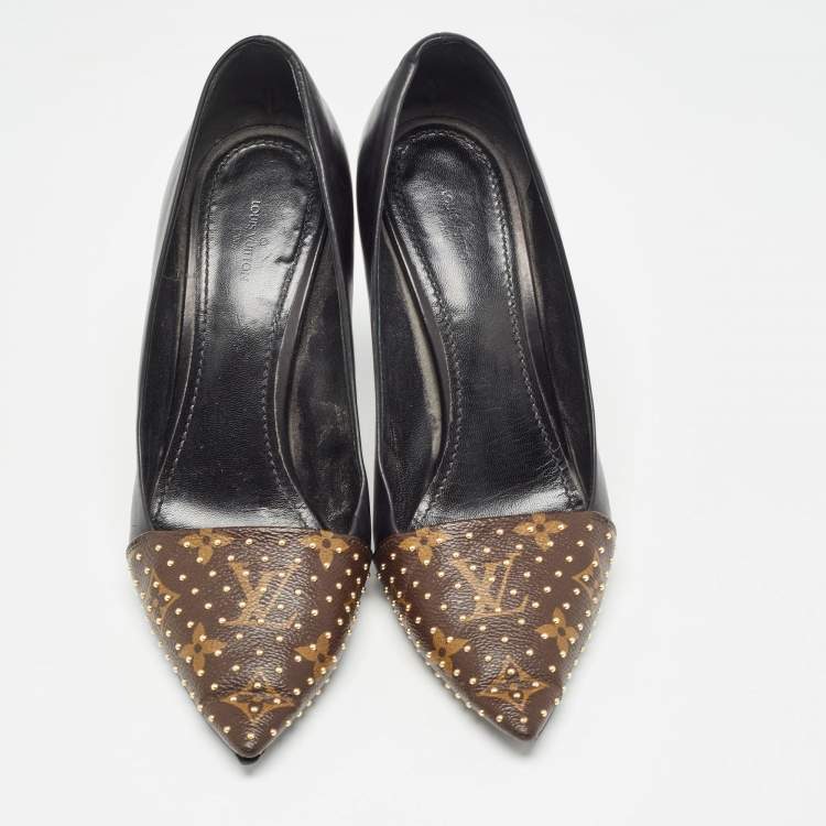 Pre Owned Louis Vuitton Brown/Black Studded Monogram Canvas and Leather Pointed Toe Pumps Size 39