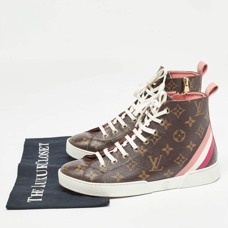Pre Owned Louis Vuitton Brown Monogram Canvas and Leather High Top Sneakers Size 37