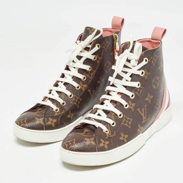 Pre Owned Louis Vuitton Brown Monogram Canvas and Leather High Top Sneakers Size 37
