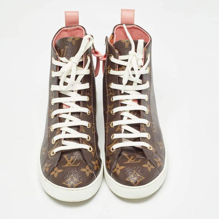 Pre Owned Louis Vuitton Brown Monogram Canvas and Leather High Top Sneakers Size 37