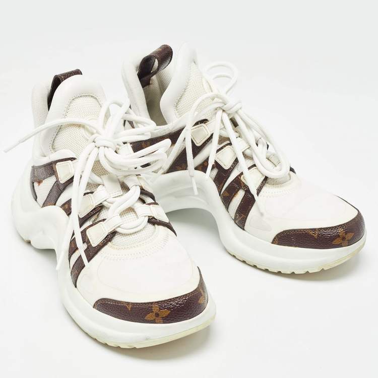 Pre Owned Louis Vuitton White/Brown Monogram Canvas and Mesh Archlight Low Top Sneakers Size 37