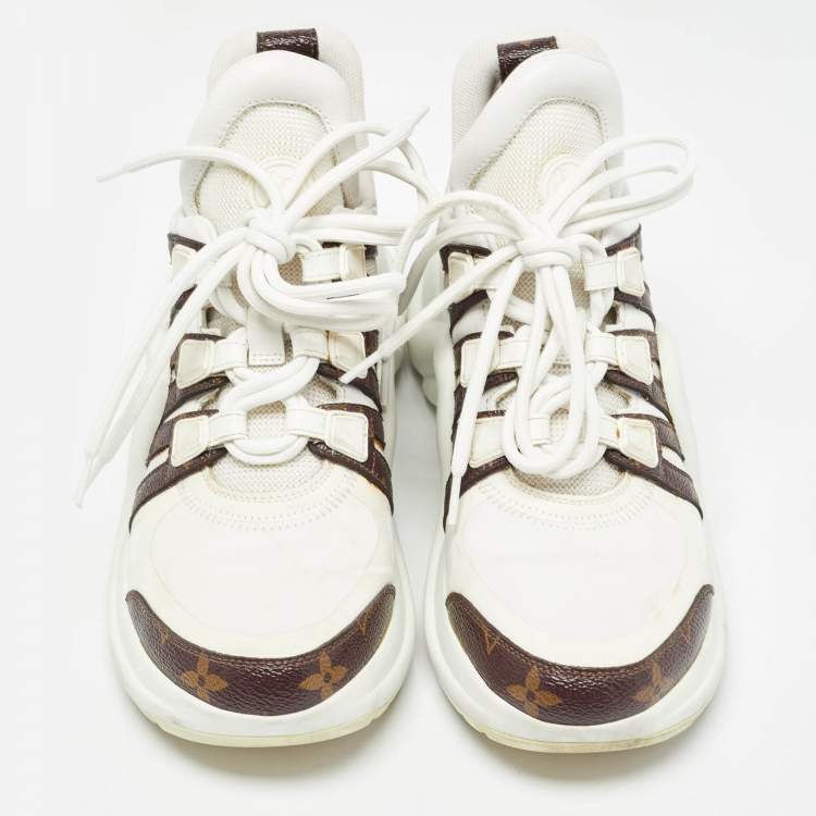 Pre Owned Louis Vuitton White/Brown Monogram Canvas and Mesh Archlight Low Top Sneakers Size 37