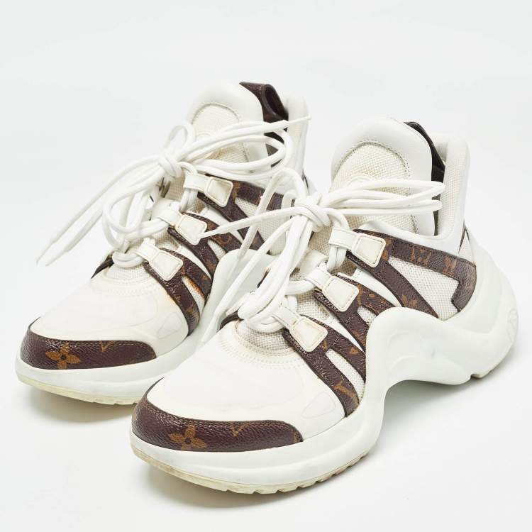 Pre Owned Louis Vuitton White/Brown Monogram Canvas and Mesh Archlight Low Top Sneakers Size 37