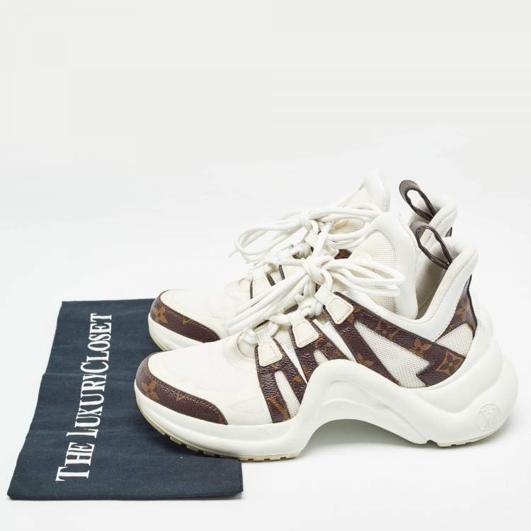 Pre Owned Louis Vuitton White/Brown Monogram Canvas and Mesh Archlight Low Top Sneakers Size 37