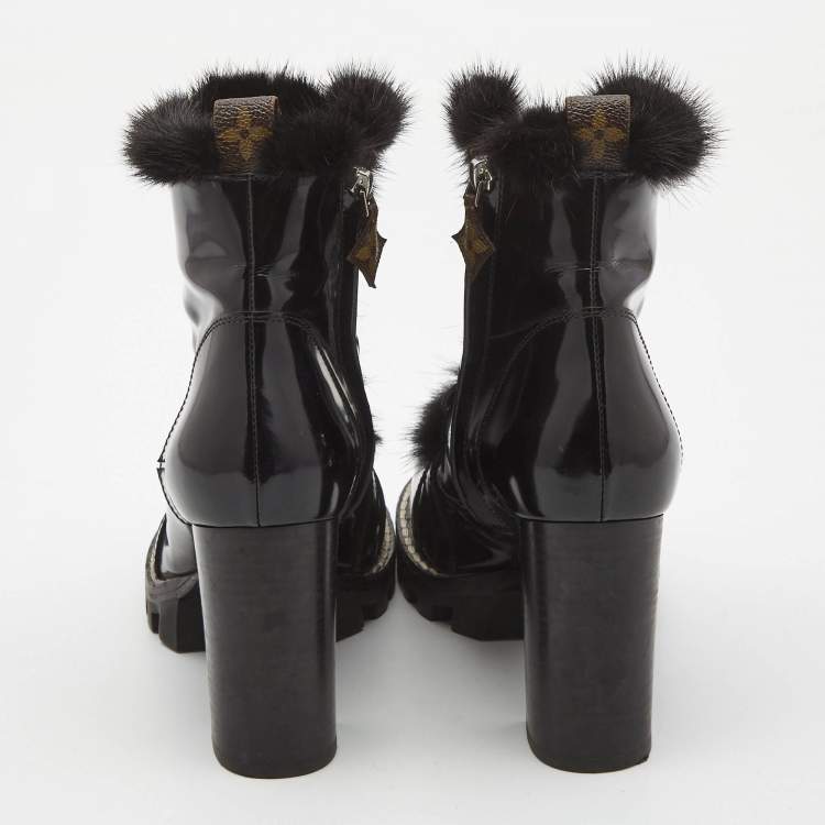 Pre Owned Louis Vuitton Black Patent and Fur Star Trail Ankle Boots Size 39