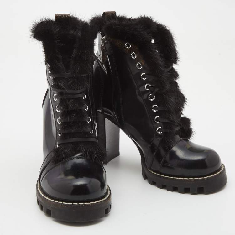 Pre Owned Louis Vuitton Black Patent and Fur Star Trail Ankle Boots Size 39