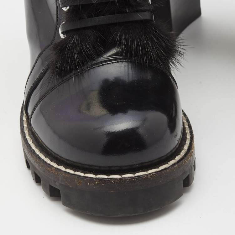 Pre Owned Louis Vuitton Black Patent and Fur Star Trail Ankle Boots Size 39
