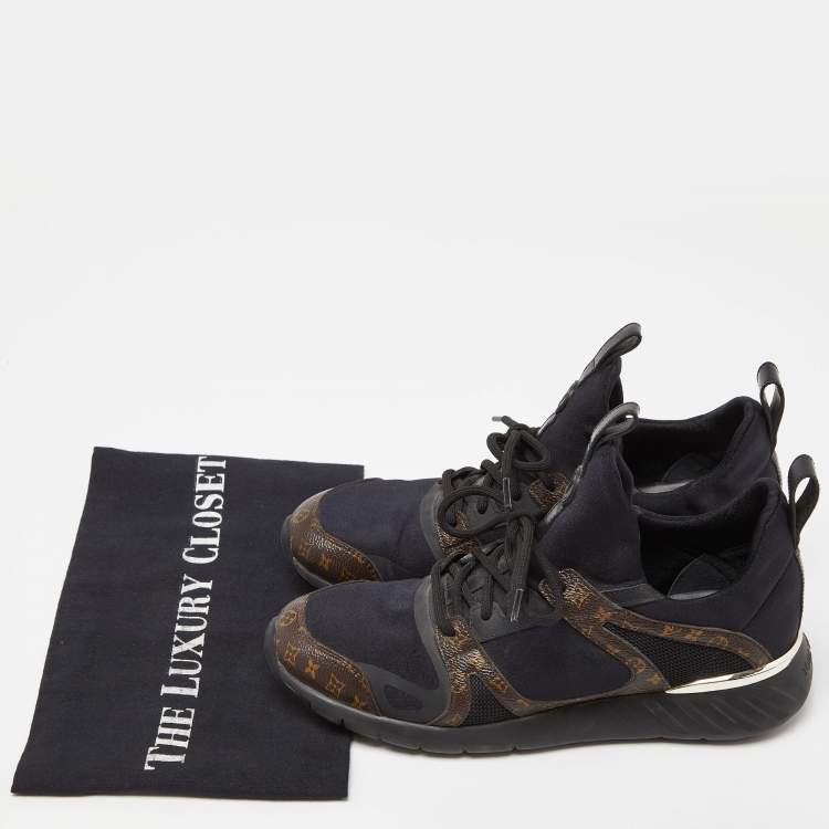 Pre Owned Louis Vuitton Black/Brown Fabric and Monogram Canvas Low Top Sneakers Size 38
