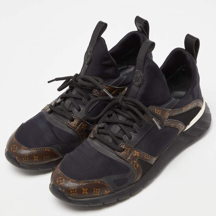 Pre Owned Louis Vuitton Black/Brown Fabric and Monogram Canvas Low Top Sneakers Size 38