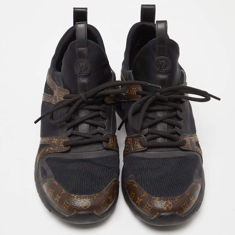 Pre Owned Louis Vuitton Black/Brown Fabric and Monogram Canvas Low Top Sneakers Size 38