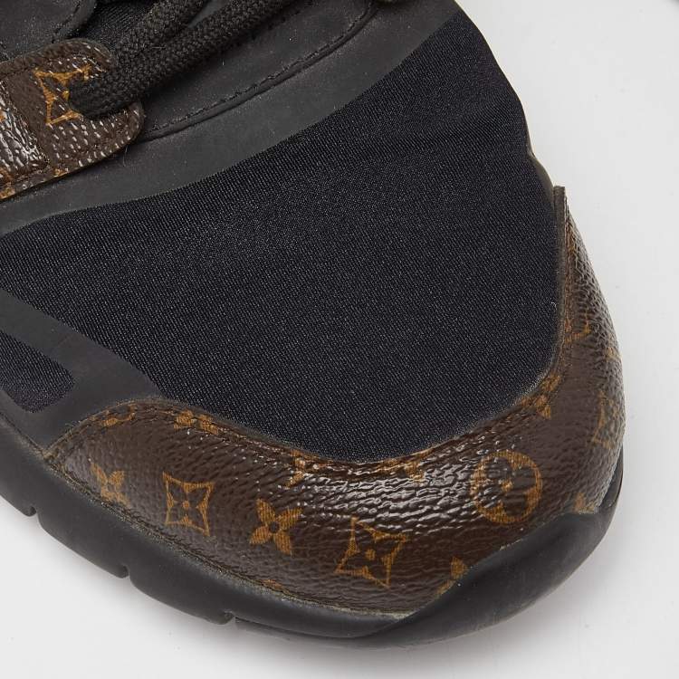 Pre Owned Louis Vuitton Black/Brown Fabric and Monogram Canvas Low Top Sneakers Size 38