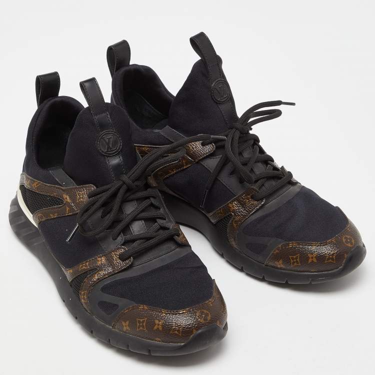 Pre Owned Louis Vuitton Black/Brown Fabric and Monogram Canvas Low Top Sneakers Size 38