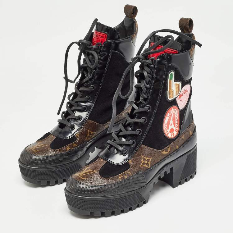 Pre Owned Louis Vuitton Brown/Black Suede Laureate Combat Boots Size  36