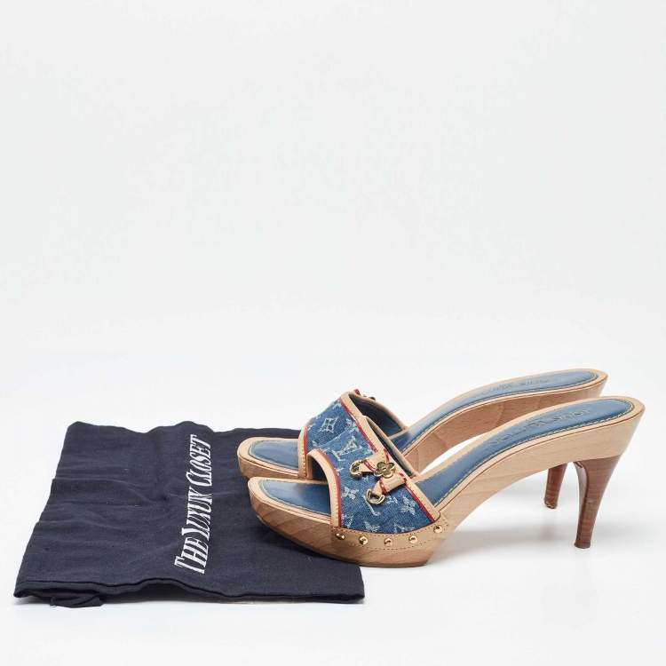 Pre Owned Louis Vuitton Navy Blue/Beige Leather and Monogram Denim Platform Open Toe Slide Sandals Size 38.5