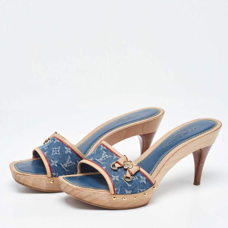 Pre Owned Louis Vuitton Navy Blue/Beige Leather and Monogram Denim Platform Open Toe Slide Sandals Size 38.5