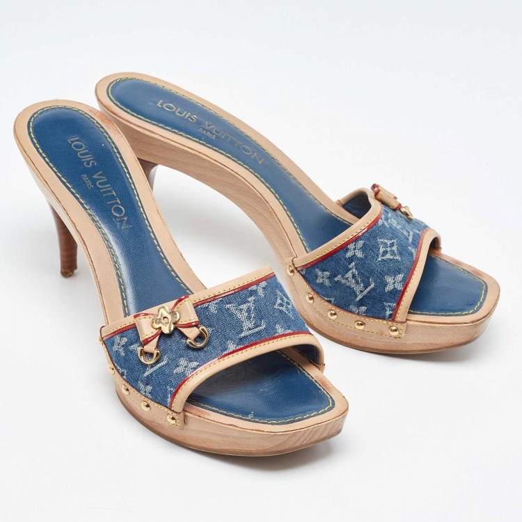 Pre Owned Louis Vuitton Navy Blue/Beige Leather and Monogram Denim Platform Open Toe Slide Sandals Size 38.5