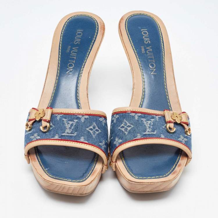 Pre Owned Louis Vuitton Navy Blue/Beige Leather and Monogram Denim Platform Open Toe Slide Sandals Size 38.5