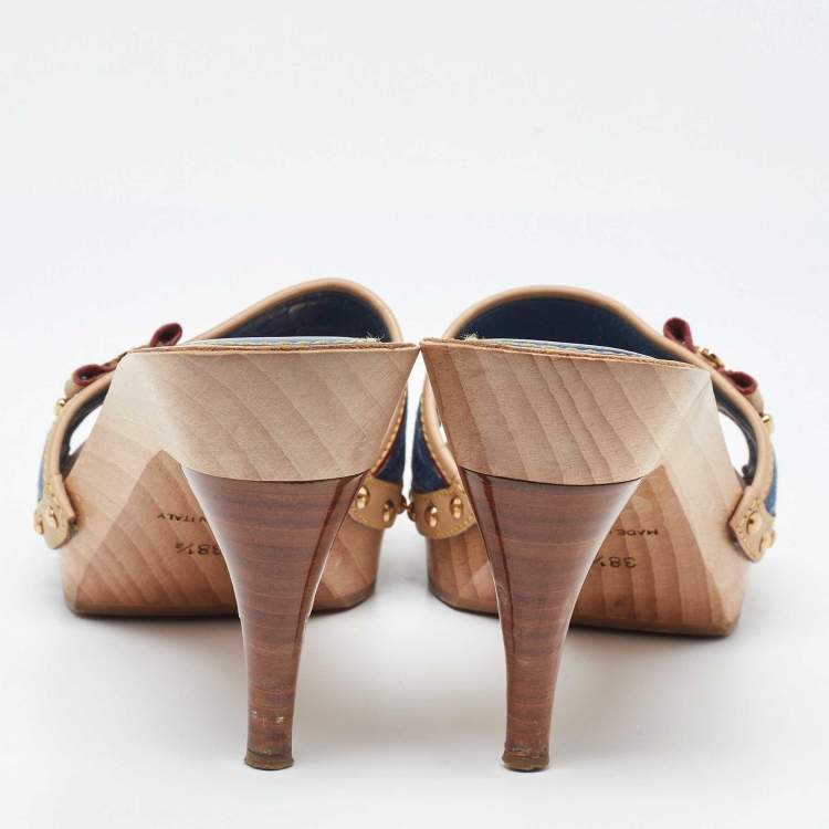 Pre Owned Louis Vuitton Navy Blue/Beige Leather and Monogram Denim Platform Open Toe Slide Sandals Size 38.5