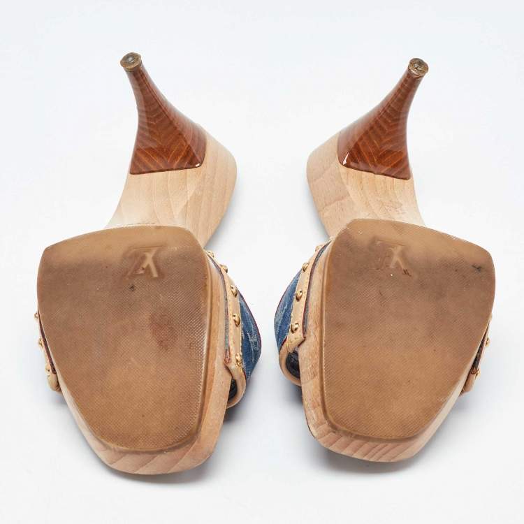 Pre Owned Louis Vuitton Navy Blue/Beige Leather and Monogram Denim Platform Open Toe Slide Sandals Size 38.5