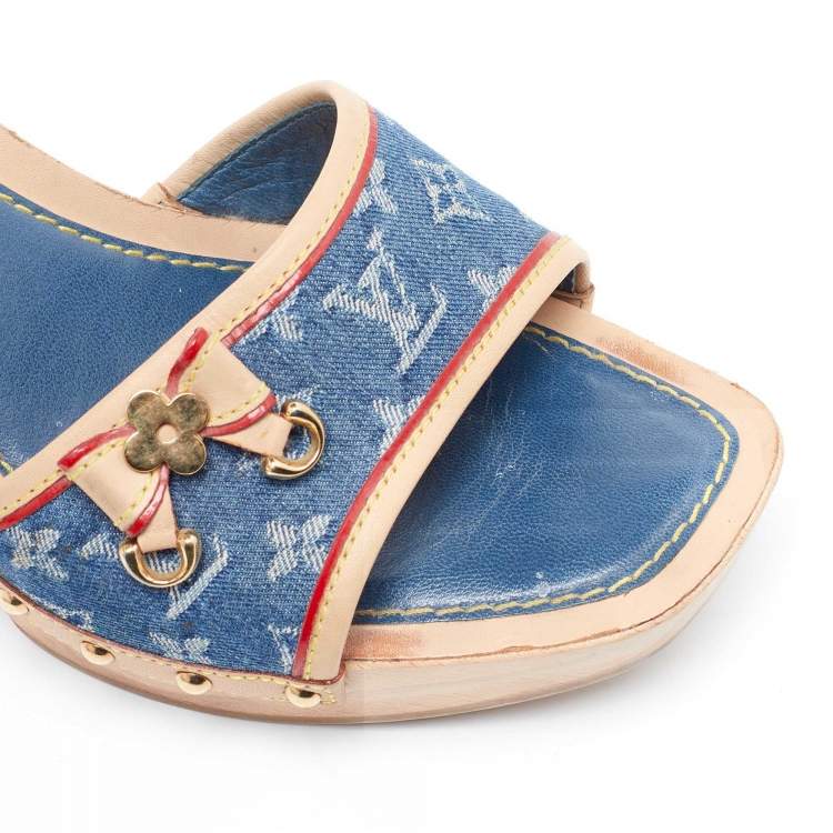 Pre Owned Louis Vuitton Navy Blue/Beige Leather and Monogram Denim Platform Open Toe Slide Sandals Size 38.5