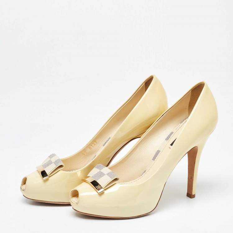 Pre Owned Louis Vuitton Light Yellow Patent Leather Platform Peep Toe Pumps Size 37