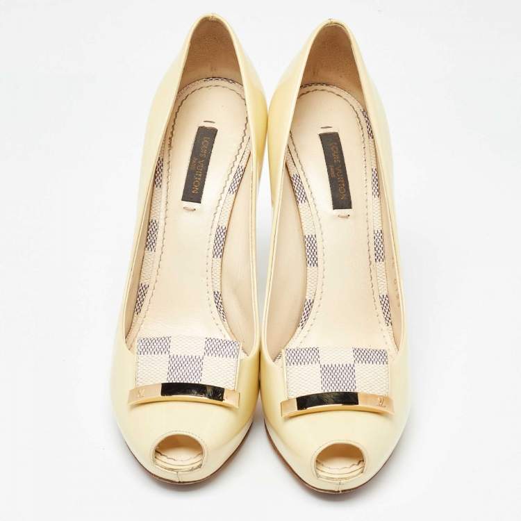 Pre Owned Louis Vuitton Light Yellow Patent Leather Platform Peep Toe Pumps Size 37