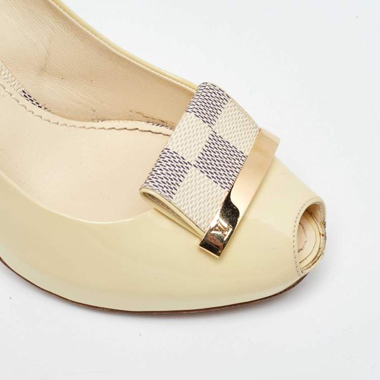Pre Owned Louis Vuitton Light Yellow Patent Leather Platform Peep Toe Pumps Size 37
