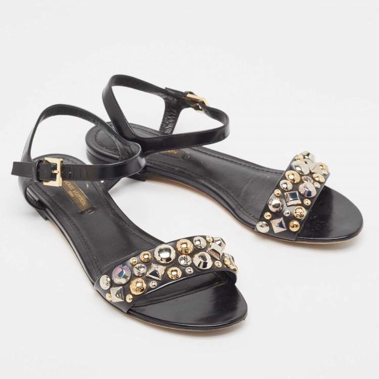 Pre Owned Louis Vuitton Black Leather Studded Ankle Strap Flat Sandals Size 36.5