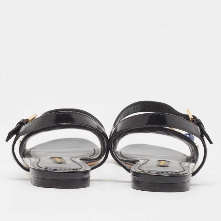 Pre Owned Louis Vuitton Black Leather Studded Ankle Strap Flat Sandals Size 36.5