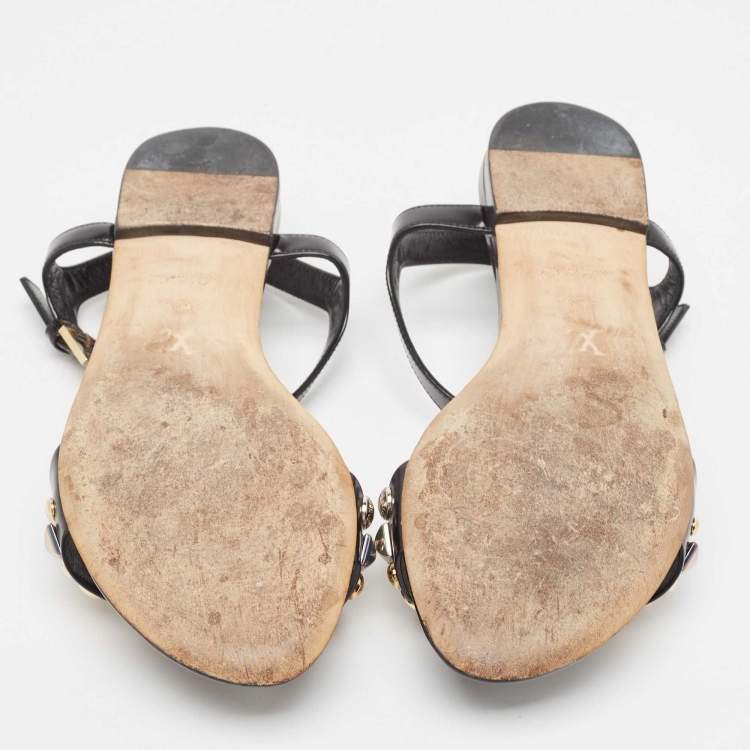 Pre Owned Louis Vuitton Black Leather Studded Ankle Strap Flat Sandals Size 36.5