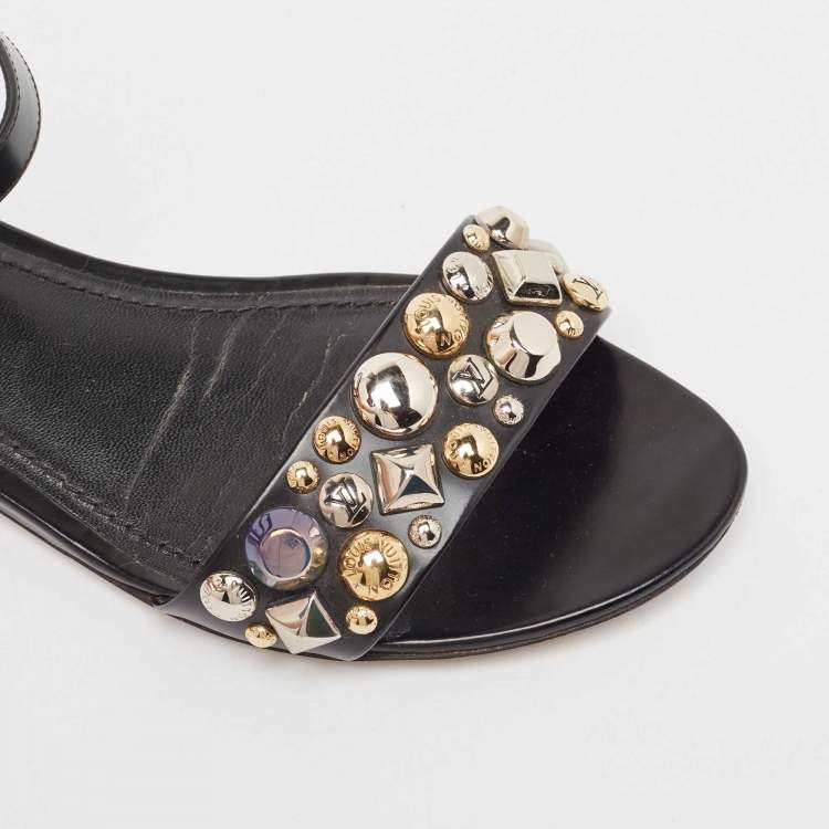 Pre Owned Louis Vuitton Black Leather Studded Ankle Strap Flat Sandals Size 36.5