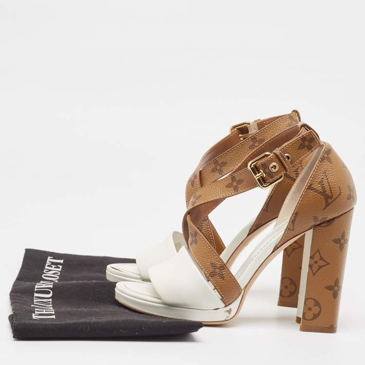 Pre Owned Louis Vuitton White/Brown Leather and Canvas Matchmake Ankle Strap Sandals Size 36