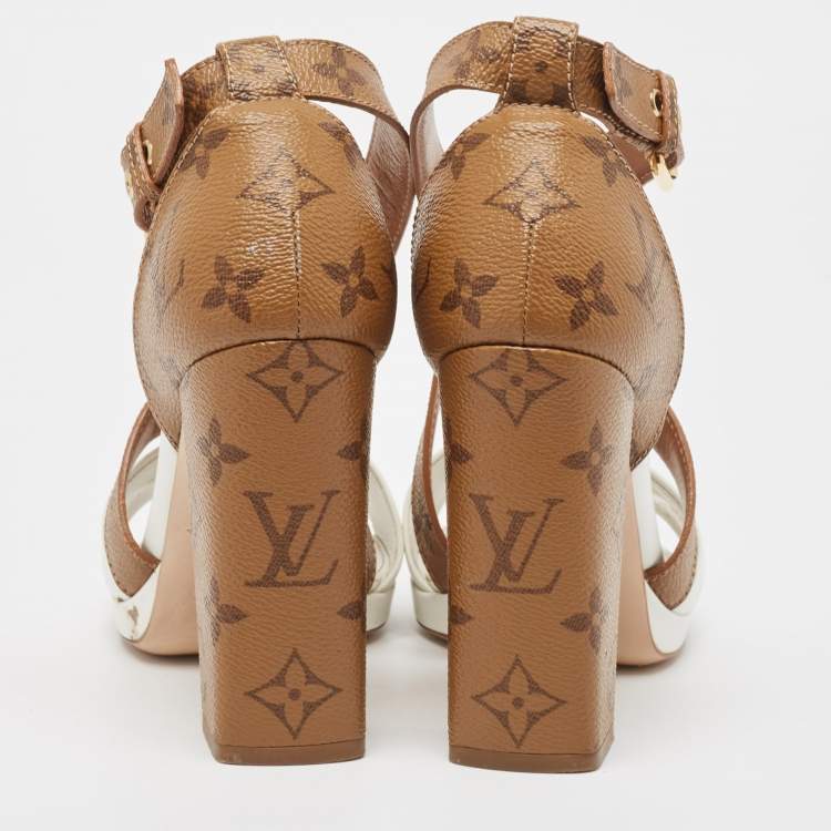 Pre Owned Louis Vuitton White/Brown Leather and Canvas Matchmake Ankle Strap Sandals Size 36