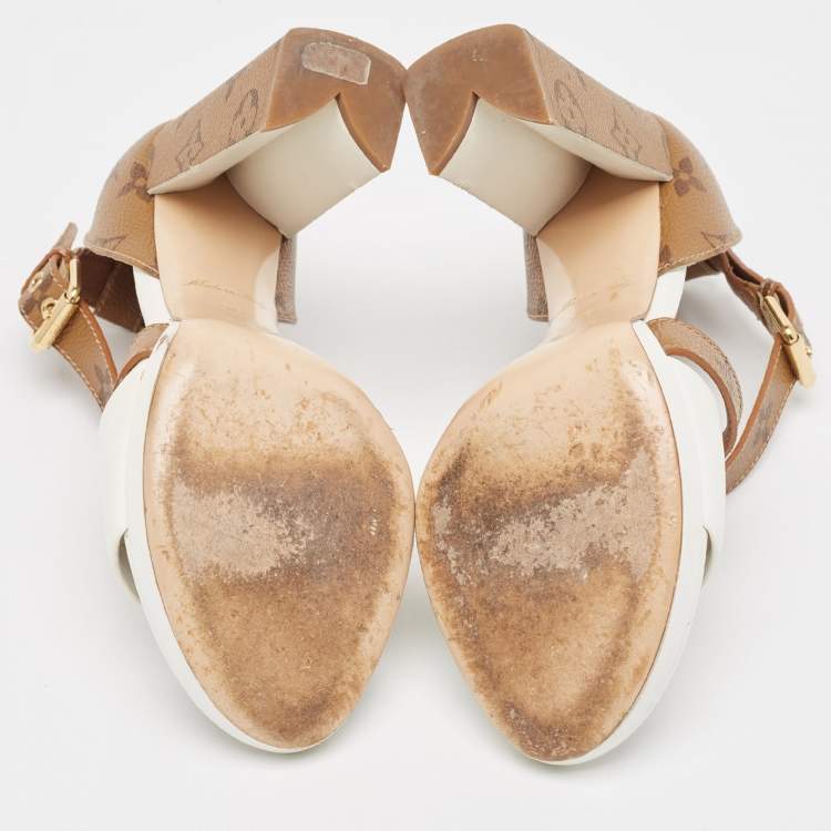 Pre Owned Louis Vuitton White/Brown Leather and Canvas Matchmake Ankle Strap Sandals Size 36