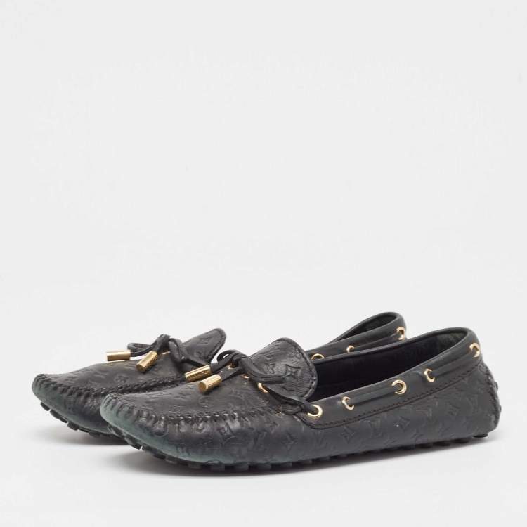 Pre Owned Louis Vuitton Black Monogram Empreinte Leather Gloria Loafers Size 38